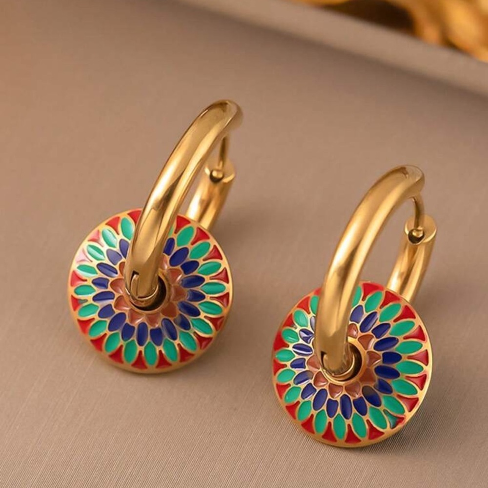 Gold and Green Swirl Pattern Earrings - Picture 2 of 15